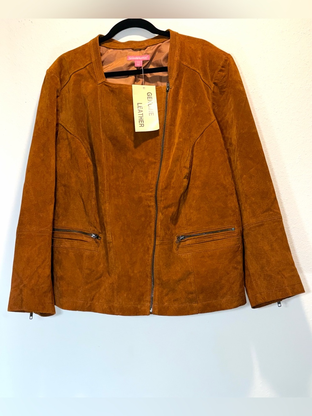 NWT Woman Within 28W Suede Coat Plus Size Brown 100% Leather Moto Jacket